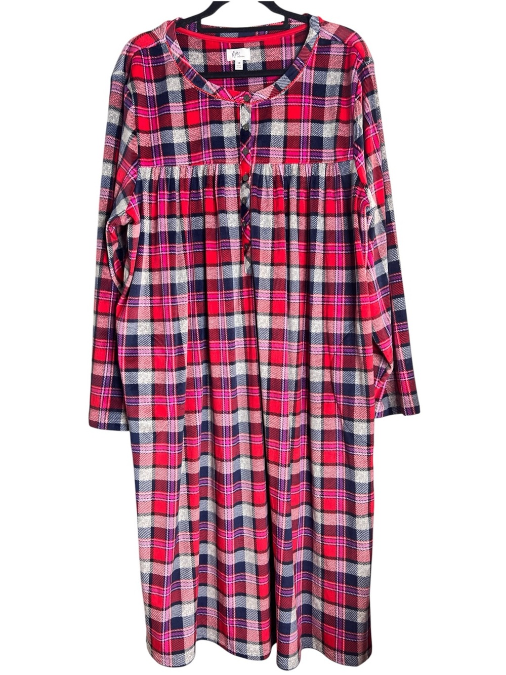 Aria Red Black Plaid Velour Nightgown 3x Plus Long Sleeve Christmas Winter
